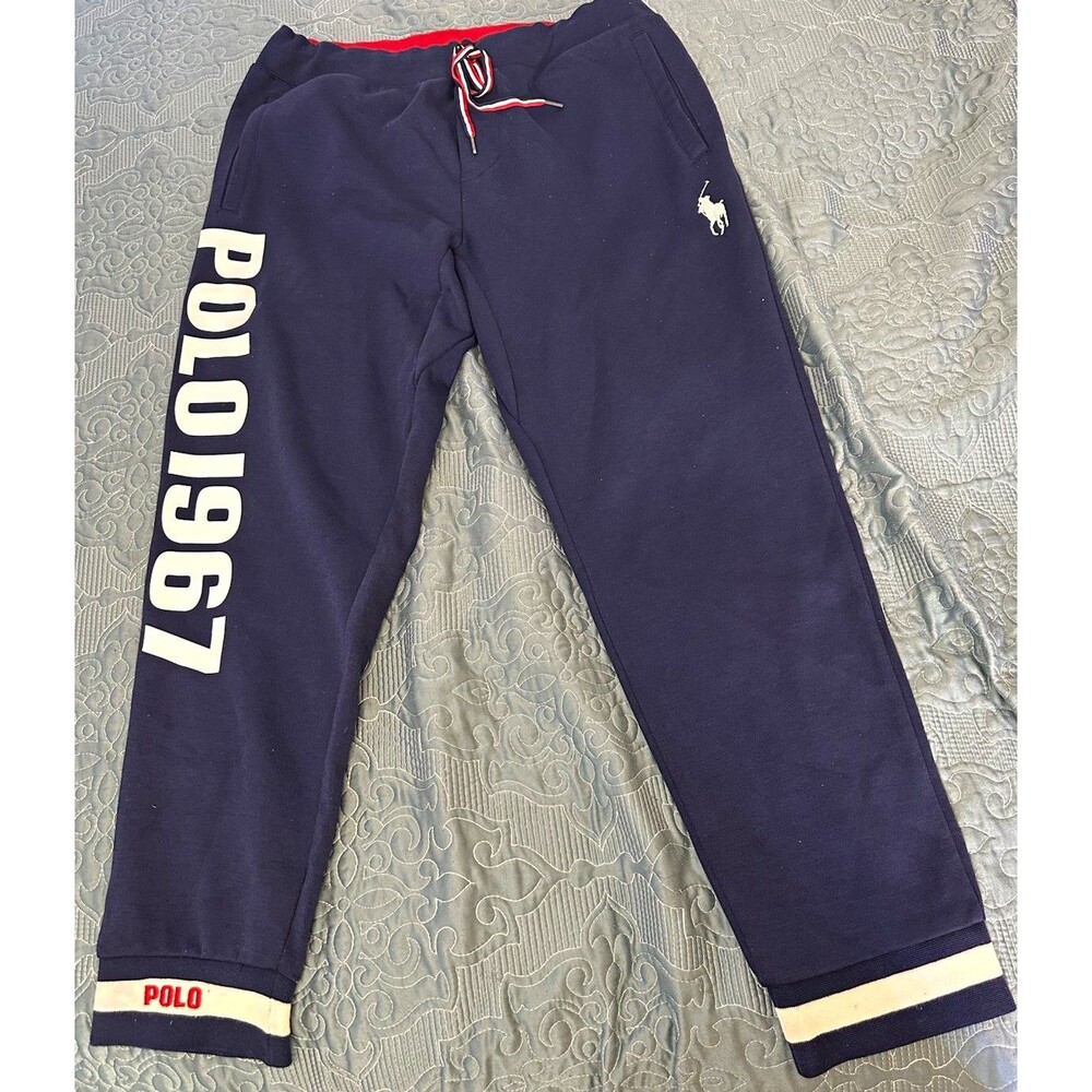 Polo Ralph Lauren Men's Blue Jogger Sweatpants L Cotton Fleece Drawstring Logo